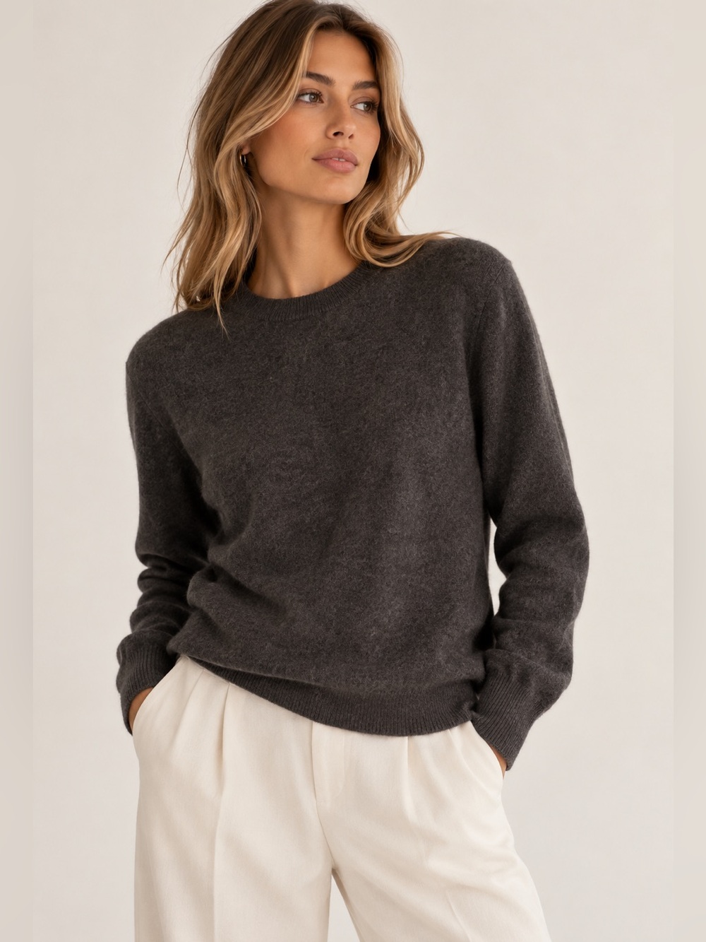 Quince Mongolian Cashmere Charcoal Crewneck Sweater